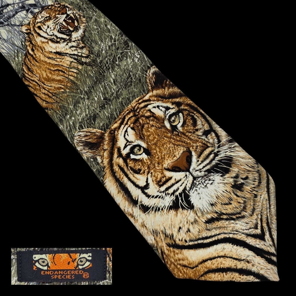 Endangered Species Tie Siberian Tiger‎ Silk 59.5" RARE Animal Print USA